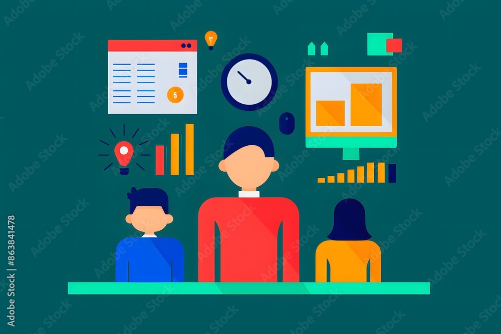 Poster illustration of a business team at work, analyzing data with various charts, graphs, and a clock sym