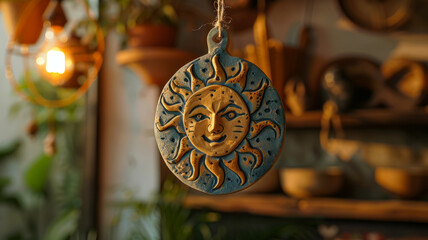 Ceramic sun decoration hanging indoors with warm, soft lighting.