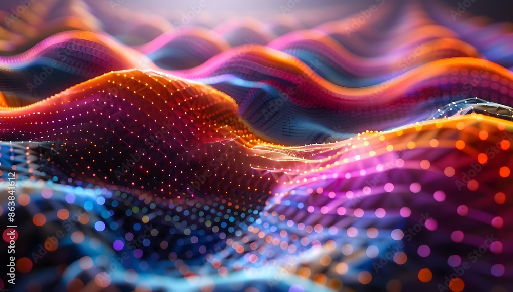 Poster a colorful abstract image of a wavy surface with glowing dots of light. the colors are vibrant and t