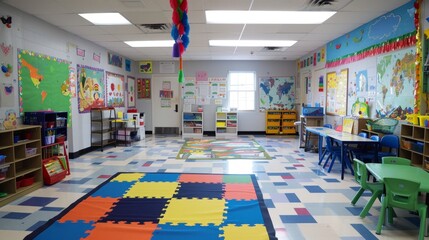 A classroom with colorful posters and artwork on the walls, showcasing a stimulating and visually engaging learning environment.