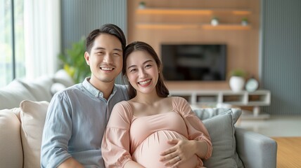 An expectant couple shares a tender moment on the sofa, with the focus on the pregnant woman's belly