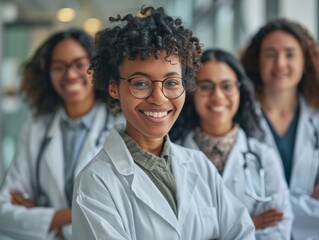 Fototapeta premium A diverse group of four smiling doctors in white coats and stethoscopes stand together, showcasing teamwork and healthcare.