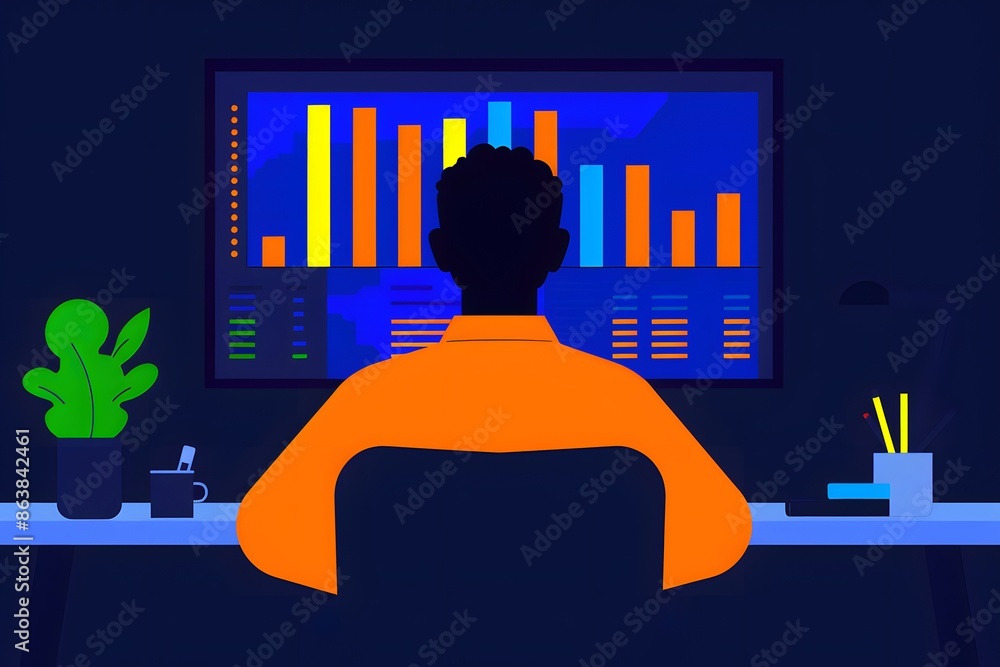 Poster illustration of a person analyzing data on a computer screen with colorful bar charts in a dark room
