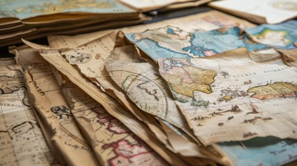 A collection of maps with colorful markings, representing the study of geography and the exploration of different cultures.