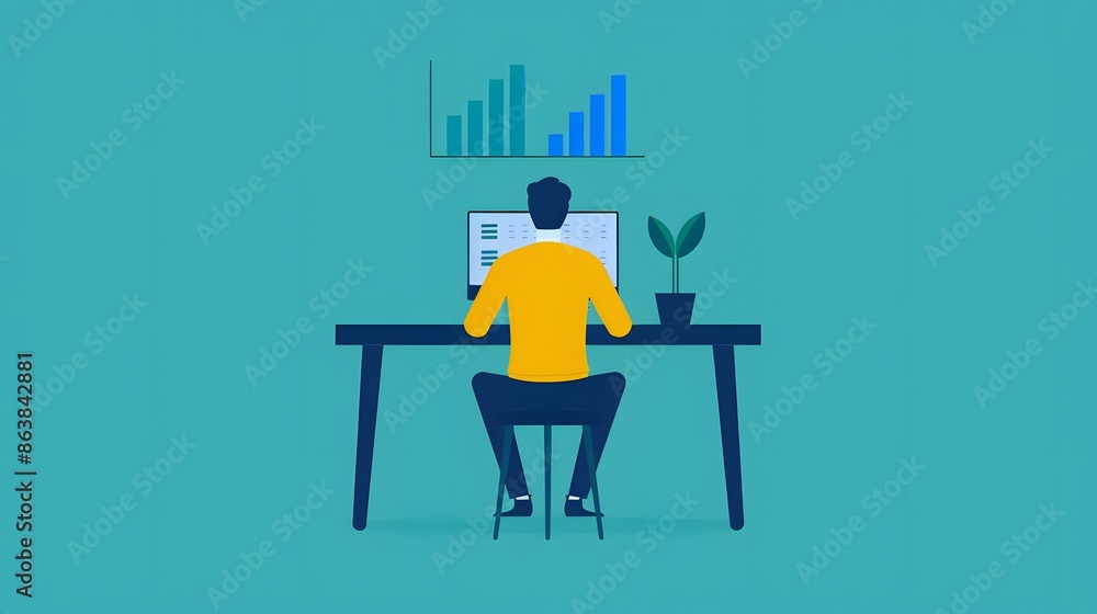 Poster illustration of a person working at a desk with a computer and plant, analyzing data with a blue bac