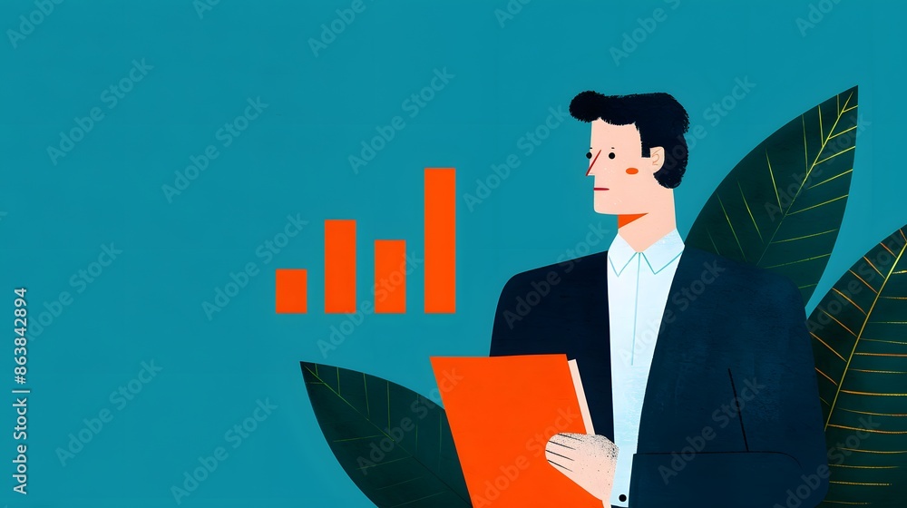 Poster illustration of a professional analyzing data with statistical chart and documents, emphasizing busi