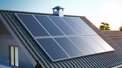 Obraz premium Solar Panel on House Roof - Energy System Residential Home Investment Photovoltaic Renewable Technology Alternative Innovation Power Modern Ecology Solar Electric Rooftop Environment Electricity Sun 