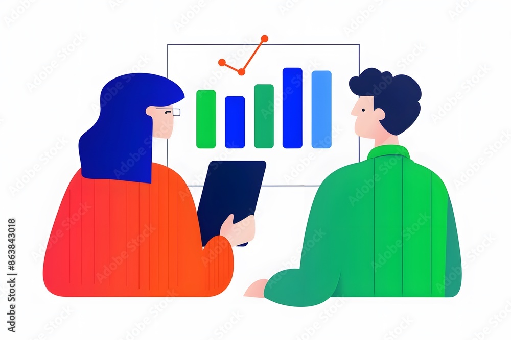 Aufkleber illustration of business colleagues analyzing data charts on a tablet and a presentation board, focu