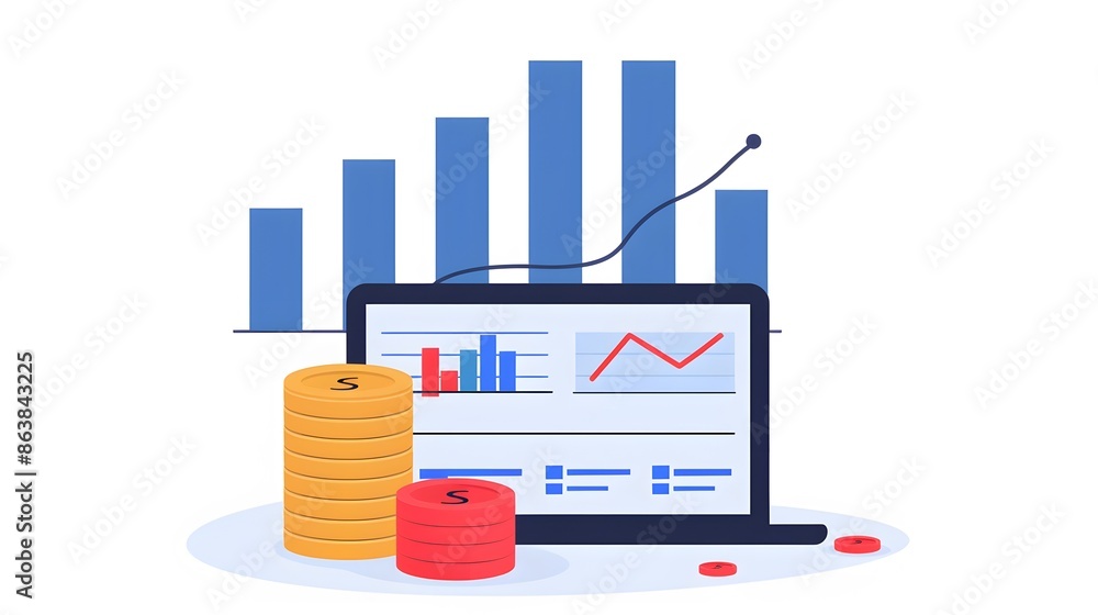 Poster illustration of financial data analysis with charts and graphs on a computer screen, accompanied by 