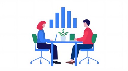 Fototapeta premium Illustration of two business professionals discussing work across a table with charts in the background.