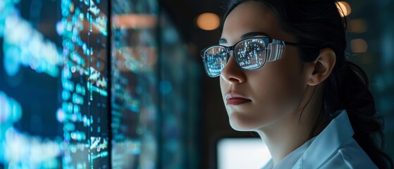 Focused woman in glasses studying data on a screen.