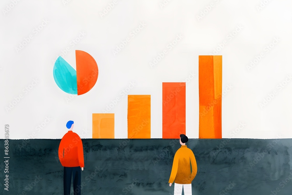 Poster illustration of two people analyzing data charts. includes a bar graph and a pie chart, representing