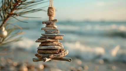 Obraz premium Handmade driftwood Christmas tree decoration hanging by the beach.