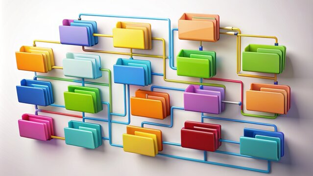 Colorful diagram showcases categorization process with folders, files, and icons organized in a neat, categorized, and labeled visual representation.