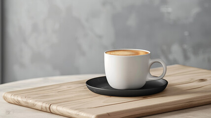 A cup of coffee with latte art on a wooden table.