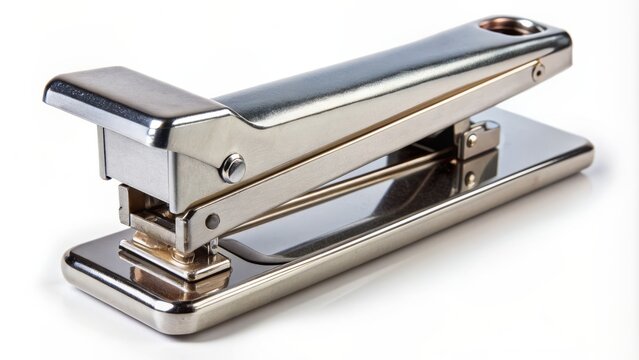 Metal office desk staple binding tool isolated on a clean white background with subtle shadows and highlights.