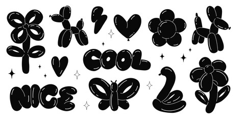 Balloon animals. inflatable dog flower and butterfly. Black glossy decorative rubber toy. Birthday celebration party festive y2k decor children holidays vector cartoon flat style isolated illustration