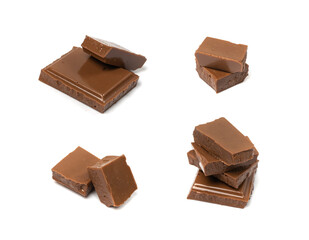 Broken chocolate bar stack, isolated. Milk chocolate square pieces, cubes, small bloks pile, choco