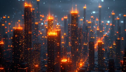 Fototapeta premium A cyberpunk cityscape with glowing orange lights and a dark background.