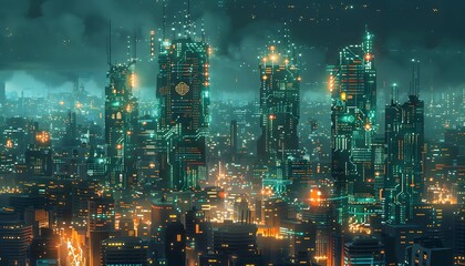 Fototapeta premium A futuristic city skyline with glowing neon lights and circuit board patterns on the buildings.