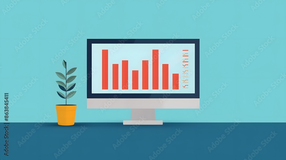 Poster modern workspace with computer displaying bar graph on screen, potted plant on desk. minimalist offi