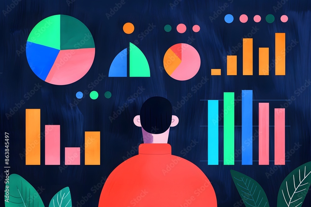 Poster person analyzing colorful data charts and graphs, showcasing statistics and analytics on a dark back