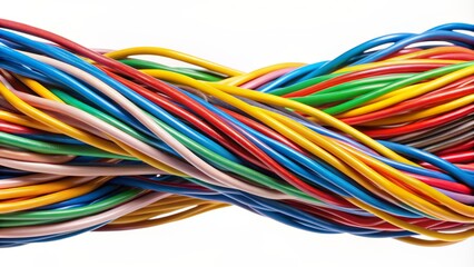 Vibrant intertwined electrical wires with varying hues and thicknesses isolated against a pristine white backdrop, showcasing striking textures and colors.