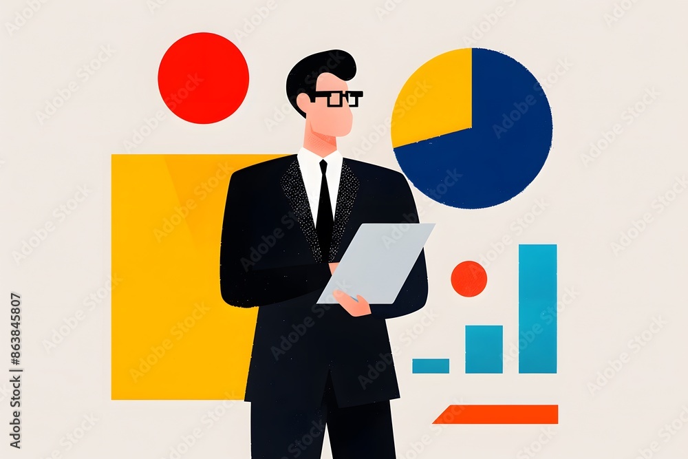 Poster professional businessman analyzing documents with modern statistical graphics and charts in the back