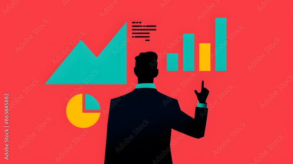 Poster silhouette of a businessman analyzing charts and graphs with vibrant background, highlighting data p