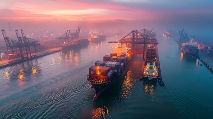 Obraz premium Dawn at the Harbor: Bustling Modern Harbor with Cargo Ships and Workers Amidst Morning Fog
