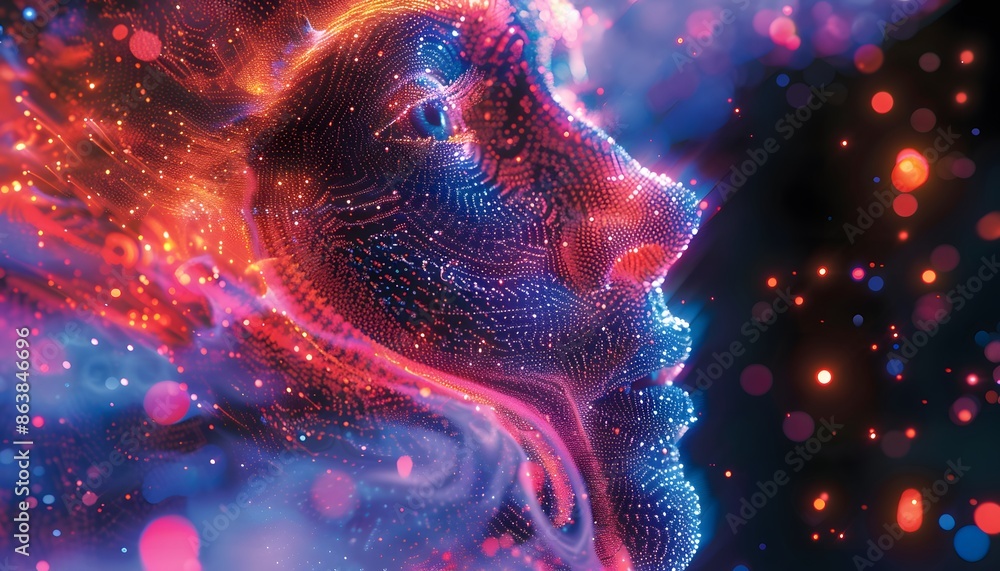 Aufkleber a digital rendering of a human face made up of shimmering dots of light.