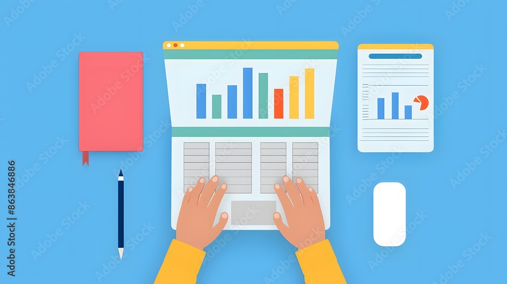 Poster top view of hands typing on a laptop keyboard with charts and graphs. colorful digital workspace, bu