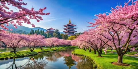Obraz premium Beautiful sakura garden with clear blue sky in Taipei, Taiwan, sakura, cherry blossom, garden, spring, Taipei, Taiwan, Asia