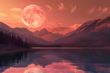 Majestic mountains and a tranquil lake illuminated by a large full moon in a red sky