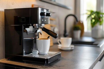 Coffee machine with cup of coffee on table in modern kitchen