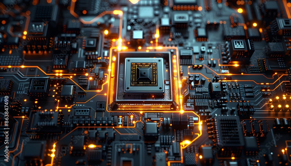 Poster a close-up of a circuit board with glowing orange lines and a central processor.