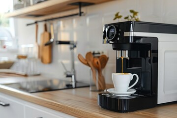 Coffee machine with cup of coffee on table in modern kitchen