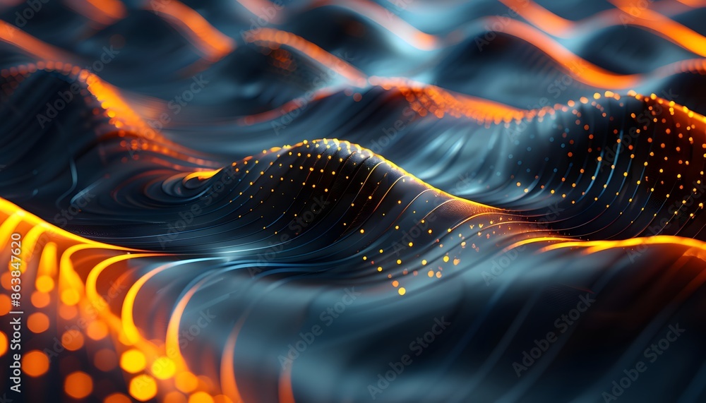 Poster a close-up of a dark, abstract background with a glowing orange light. the background is made up of 