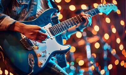 Obraz premium Man playing electric guitar on stage, Generative AI 