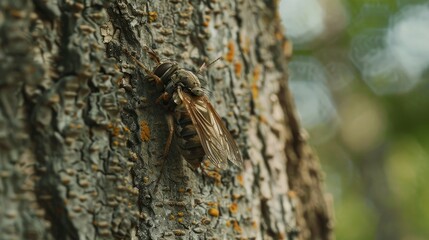 Obraz premium Insect resembling dog or fly attached to tree trunk
