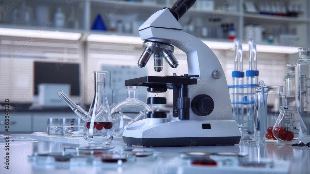 Aufkleber a minimalist scientist lab with a powerful microscope on a clean white desk, next to neatly arranged