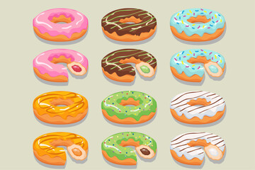 Set of yummy donuts with colorful glaze. Whole donuts and bitten ones. Elements for design of cafe, menu, promo banner. Vector illustration.