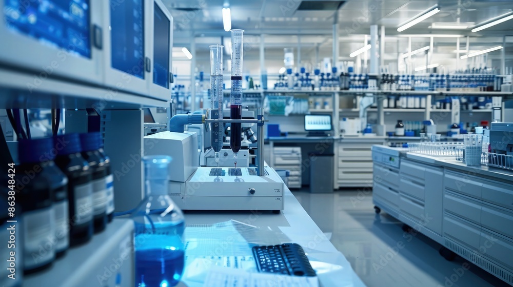 Aufkleber a minimalist scientist lab with a powerful microscope on a clean white desk, next to neatly arranged