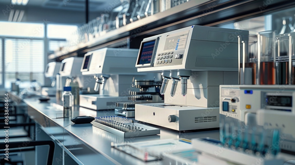Aufkleber a futuristic lab with a digital microscope linked to a large display showing molecular structures, c