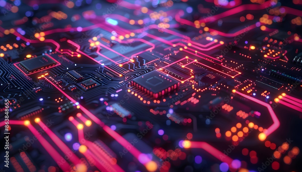 Poster a close-up of a circuit board with glowing red and orange lights. the image creates a futuristic and