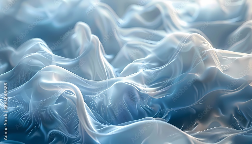 Poster abstract image of flowing blue and white fabric. the fabric is draped in soft folds, creating a sens