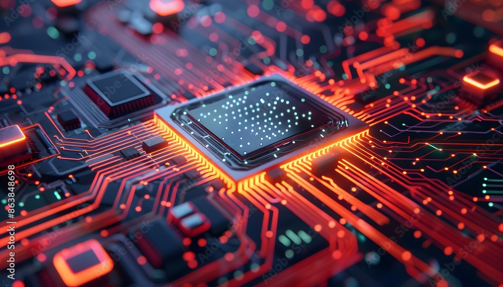 Aufkleber a close-up of a computer motherboard with glowing red and blue lights. the image is a representation
