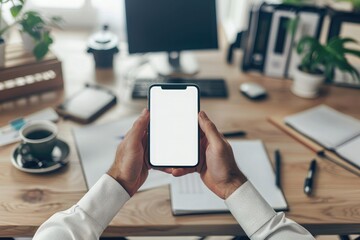 Mockup of a man's hands holding smart phone with blank white screen while sitting at the wooden table in modern office