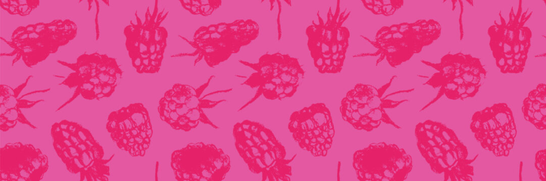 Color raspberry pattern seamless, raspberries illustration, hand-drawn vector red berry for vegan banner, juice or jam label design. Ripe raspberry background for baby food packaging.