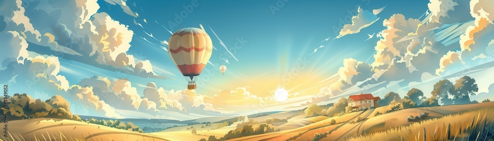 Canvas Prints Hot Air Balloons Over Golden Fields at Sunset.